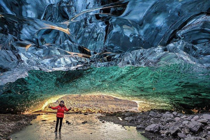 Ice Cave and Glacier walk into blue glacier canyon 