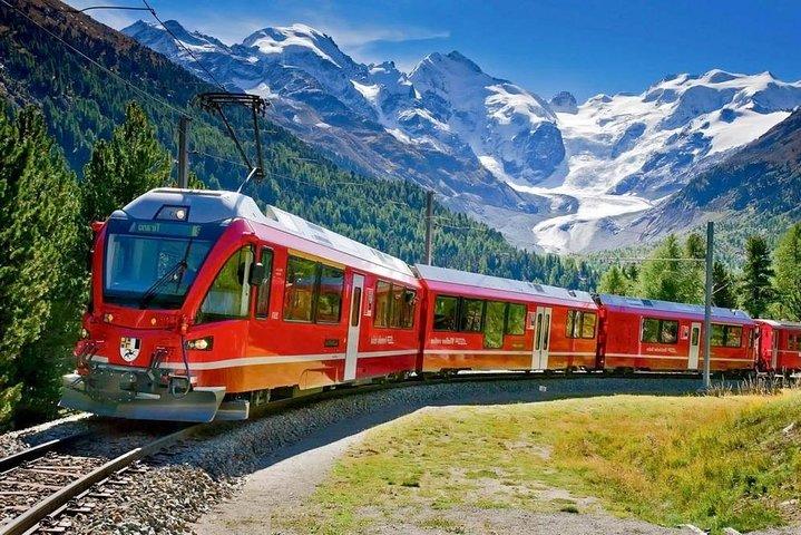 Bernina train and Swiss Alps. Departure from Desenzano