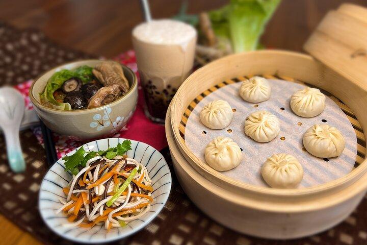 Xiao Long Bao, Chicken vermicelli with mushroom and sesame oil, Tofu strips salad, Bubble milk tea. Taiwan Traditional Delicacies Experience-A (Taipei Cooking Class)