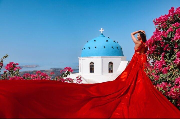 Flying Dress Photoshoot in Santorini with Hotel Pickup
